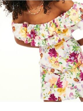 H&M Flounced Linen Off-the-shoulder Dress Floral Ruffle Mini Short Fun